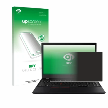 Parte frontal de un envase de producto con el logotipo de la marca upscreen. Al lado se muestra el dispositivo Lenovo ThinkPad