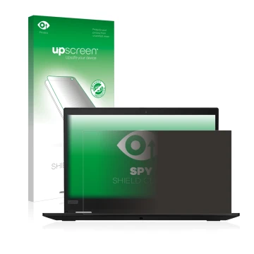 Parte frontal de un envase de producto con el logotipo de la marca upscreen. Al lado se muestra el dispositivo Lenovo ThinkPad