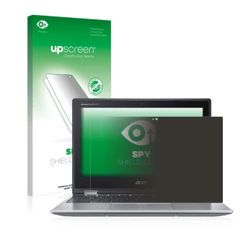 Parte frontal de un envase de producto con el logotipo de la marca upscreen. Al lado se muestra el dispositivo Acer Chromebook