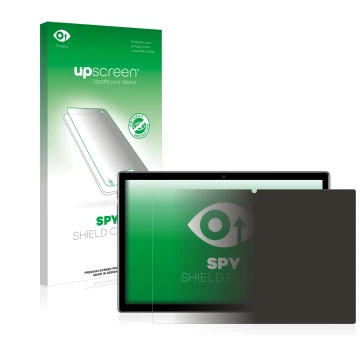 Parte frontal de un envase de producto con el logotipo de la marca upscreen. Al lado se muestra el dispositivo Teclast P20HD c