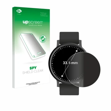 Parte frontal de un envase de producto con el logotipo de la marca upscreen. Al lado se muestra el dispositivo Relojes (Circul