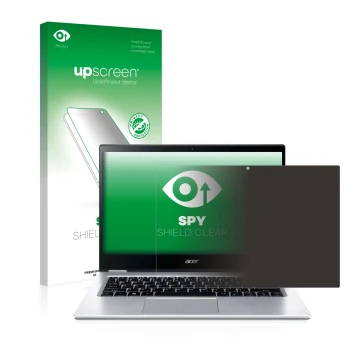 Parte frontal de un envase de producto con el logotipo de la marca upscreen. Al lado se muestra el dispositivo Acer Spin 3 SP3