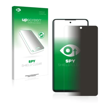 Parte frontal de un envase de producto con el logotipo de la marca upscreen. Al lado se muestra el dispositivo Samsung Galaxy 