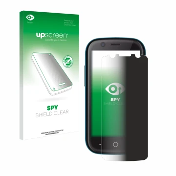Parte frontal de un envase de producto con el logotipo de la marca upscreen. Al lado se muestra el dispositivo Unihertz Jelly 
