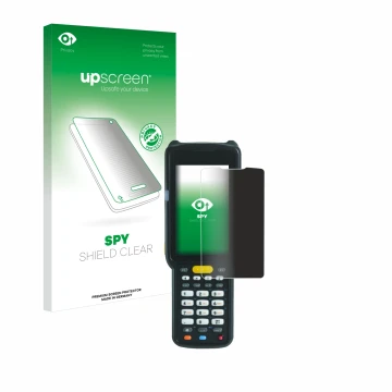 Parte frontal de un envase de producto con el logotipo de la marca upscreen. Al lado se muestra el dispositivo Zebra MC3300X c