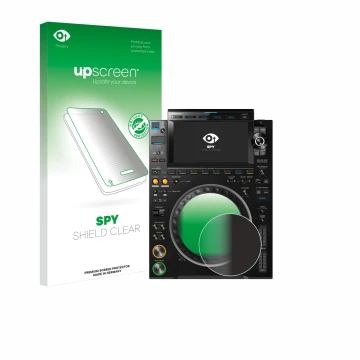 Parte frontal de un envase de producto con el logotipo de la marca upscreen. Al lado se muestra el dispositivo Pioneer CDJ 300