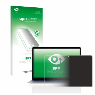 Parte frontal de un envase de producto con el logotipo de la marca upscreen. Al lado se muestra el dispositivo Apple MacBook A