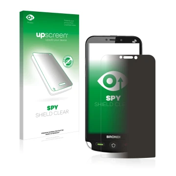 Parte frontal de un envase de producto con el logotipo de la marca upscreen. Al lado se muestra el dispositivo Brondi Amico Du