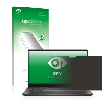 Parte frontal de un envase de producto con el logotipo de la marca upscreen. Al lado se muestra el dispositivo Dell Inspiron 1