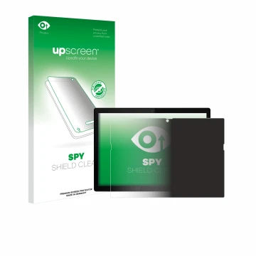 Parte frontal de un envase de producto con el logotipo de la marca upscreen. Al lado se muestra el dispositivo Lenovo ThinkPad