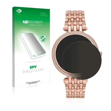 Parte frontal de un envase de producto con el logotipo de la marca upscreen. Al lado se muestra el dispositivo Michael Kors Ac