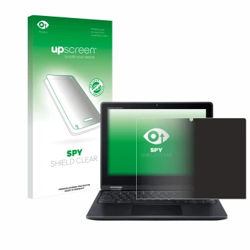 Parte frontal de un envase de producto con el logotipo de la marca upscreen. Al lado se muestra el dispositivo Acer Chromebook
