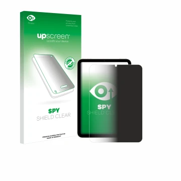 Parte frontal de un envase de producto con el logotipo de la marca upscreen. Al lado se muestra el dispositivo Apple iPad Mini