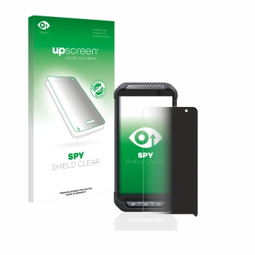 Parte frontal de un envase de producto con el logotipo de la marca upscreen. Al lado se muestra el dispositivo Point Mobile PM