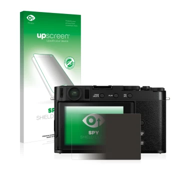 Parte frontal de un envase de producto con el logotipo de la marca upscreen. Al lado se muestra el dispositivo Fujifilm X-E4 c