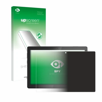 Parte frontal de un envase de producto con el logotipo de la marca upscreen. Al lado se muestra el dispositivo Lenovo Tab M10 