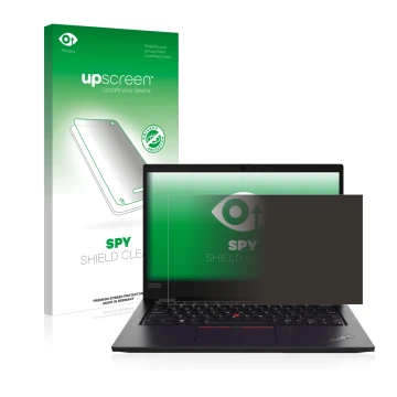 Parte frontal de un envase de producto con el logotipo de la marca upscreen. Al lado se muestra el dispositivo Lenovo ThinkPad