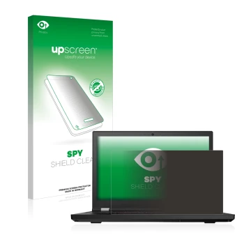 Parte frontal de un envase de producto con el logotipo de la marca upscreen. Al lado se muestra el dispositivo Lenovo ThinkPad