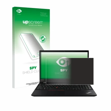 Parte frontal de un envase de producto con el logotipo de la marca upscreen. Al lado se muestra el dispositivo Lenovo ThinkPad