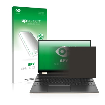 Parte frontal de un envase de producto con el logotipo de la marca upscreen. Al lado se muestra el dispositivo HP Spectre x360