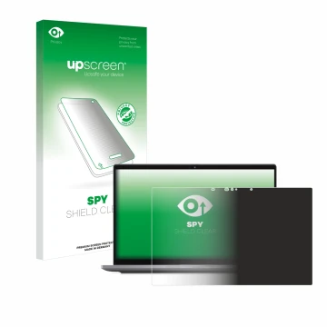 Parte frontal de un envase de producto con el logotipo de la marca upscreen. Al lado se muestra el dispositivo Dell Latitude 7