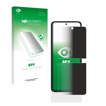 Parte frontal de un envase de producto con el logotipo de la marca upscreen. Al lado se muestra el dispositivo Samsung Galaxy 