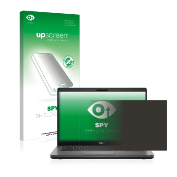 Parte frontal de un envase de producto con el logotipo de la marca upscreen. Al lado se muestra el dispositivo Dell Latitude 5