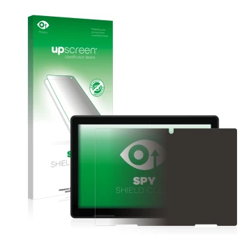 Parte frontal de un envase de producto con el logotipo de la marca upscreen. Al lado se muestra el dispositivo MEDION Lifetab 
