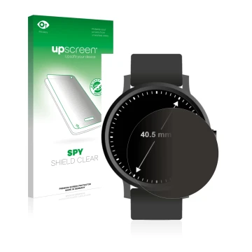Parte frontal de un envase de producto con el logotipo de la marca upscreen. Al lado se muestra el dispositivo Relojes (Circul