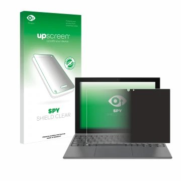 Parte frontal de un envase de producto con el logotipo de la marca upscreen. Al lado se muestra el dispositivo Lenovo IdeaPad 