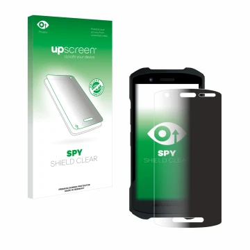 Parte frontal de un envase de producto con el logotipo de la marca upscreen. Al lado se muestra el dispositivo Zebra TC26 con 