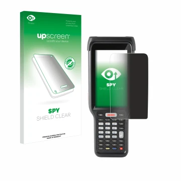 Parte frontal de un envase de producto con el logotipo de la marca upscreen. Al lado se muestra el dispositivo Honeywell ScanP