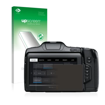 Parte frontal de un envase de producto con el logotipo de la marca upscreen. Al lado se muestra el dispositivo Blackmagic Pock