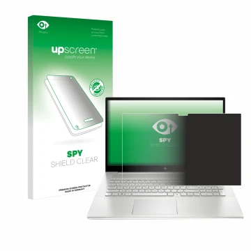 Parte frontal de un envase de producto con el logotipo de la marca upscreen. Al lado se muestra el dispositivo HP Envy 17-cX c