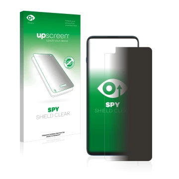 Parte frontal de un envase de producto con el logotipo de la marca upscreen. Al lado se muestra el dispositivo Motorola G100 c