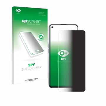 Parte frontal de un envase de producto con el logotipo de la marca upscreen. Al lado se muestra el dispositivo realme GT 5G co