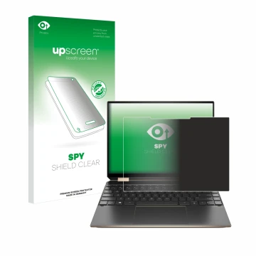 Parte frontal de un envase de producto con el logotipo de la marca upscreen. Al lado se muestra el dispositivo HP Spectre x360