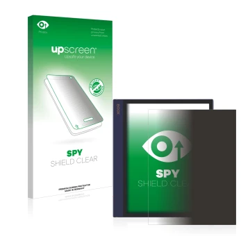 Parte frontal de un envase de producto con el logotipo de la marca upscreen. Al lado se muestra el dispositivo Boox Note Air c
