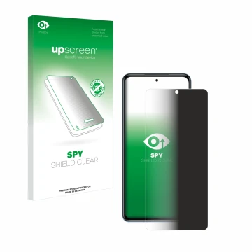 Parte frontal de un envase de producto con el logotipo de la marca upscreen. Al lado se muestra el dispositivo Xiaomi Poco F3 