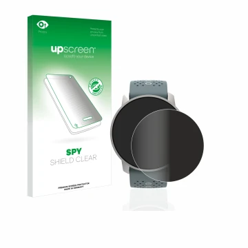 Parte frontal de un envase de producto con el logotipo de la marca upscreen. Al lado se muestra el dispositivo Suunto 9 Peak c