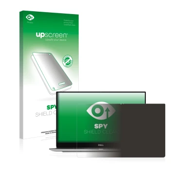 Parte frontal de un envase de producto con el logotipo de la marca upscreen. Al lado se muestra el dispositivo Dell XPS 13 930