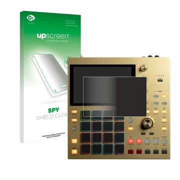 Parte frontal de un envase de producto con el logotipo de la marca upscreen. Al lado se muestra el dispositivo Akai MPC One co