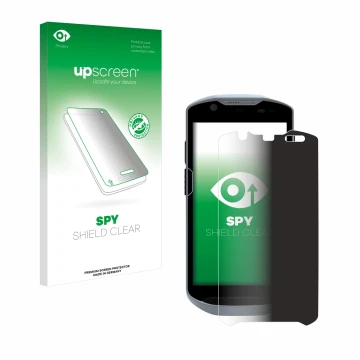 Parte frontal de un envase de producto con el logotipo de la marca upscreen. Al lado se muestra el dispositivo Zebra TC52x con