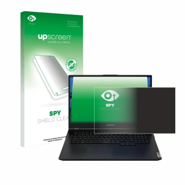 Parte frontal de un envase de producto con el logotipo de la marca upscreen. Al lado se muestra el dispositivo Lenovo Legion 5