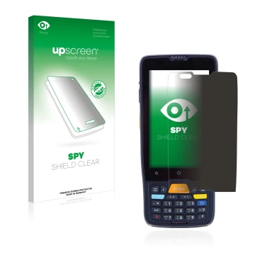 Parte frontal de un envase de producto con el logotipo de la marca upscreen. Al lado se muestra el dispositivo Datalogic Memor