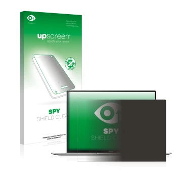 Parte frontal de un envase de producto con el logotipo de la marca upscreen. Al lado se muestra el dispositivo Huawei MateBook