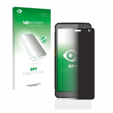 Parte frontal de un envase de producto con el logotipo de la marca upscreen. Al lado se muestra el dispositivo i.safe MOBILE I