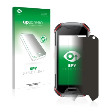 Parte frontal de un envase de producto con el logotipo de la marca upscreen. Al lado se muestra el dispositivo Unihertz Atom X