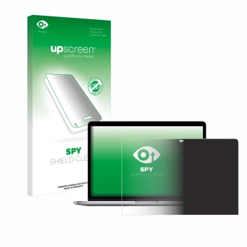 Parte frontal de un envase de producto con el logotipo de la marca upscreen. Al lado se muestra el dispositivo Apple MacBook P