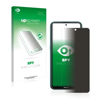Parte frontal de un envase de producto con el logotipo de la marca upscreen. Al lado se muestra el dispositivo Nokia X10 con s